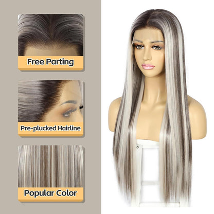 Lange Gerade Perücke 26 Zoll, Eschenweiß Lace Front Perücke