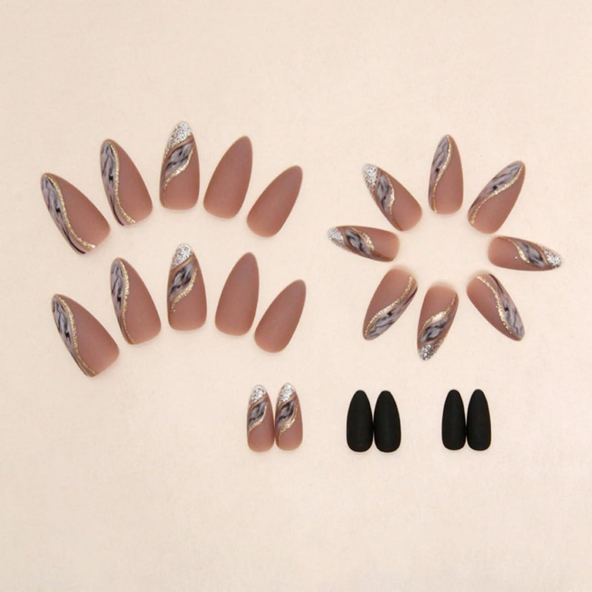 Goldene Mandel Press On Nails – Kurz & Motiv, Braun Schwarz
