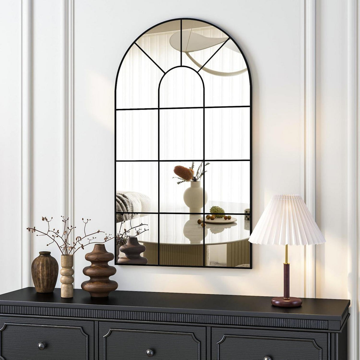 Bogenfenster-Spiegel Schwarz 80x50cm – Rustikale Wanddekoration