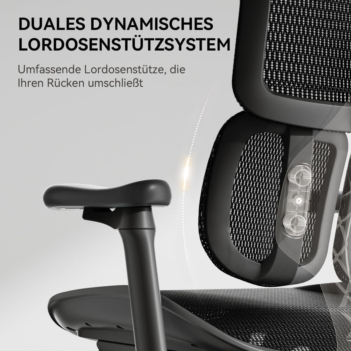 Ergonomischer Bürostuhl mit dualer Lordosenstütze und 4D-Armlehnen