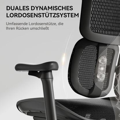 Ergonomischer Bürostuhl mit dualer Lordosenstütze und 4D-Armlehnen