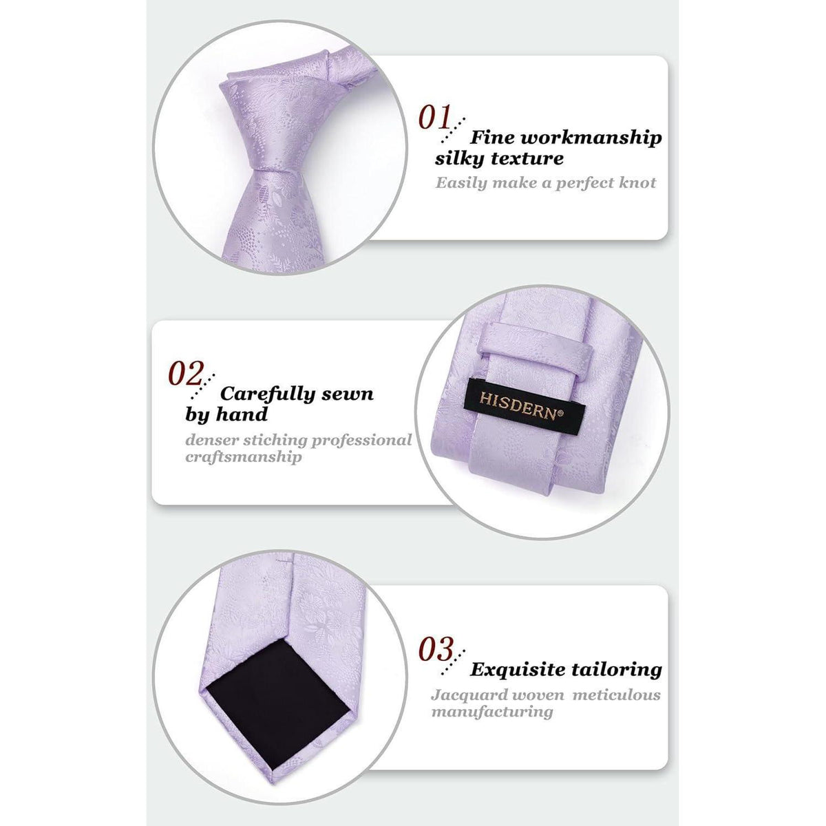 HISDERN Krawatten-Set Herren: Seide, floral, Einstecktuch, hellviolett