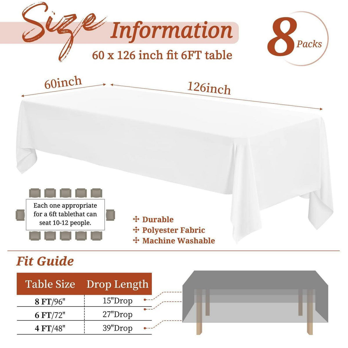 Weiße Tischdecken 8er-Set Rechteckig 153x320cm Polyester