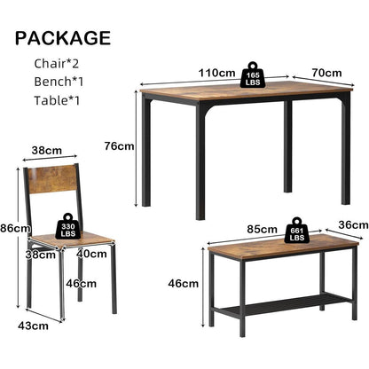 Esstisch-Set für 4 Personen | Vintage Essgruppe mit Tisch, 2 Stühlen & Bank