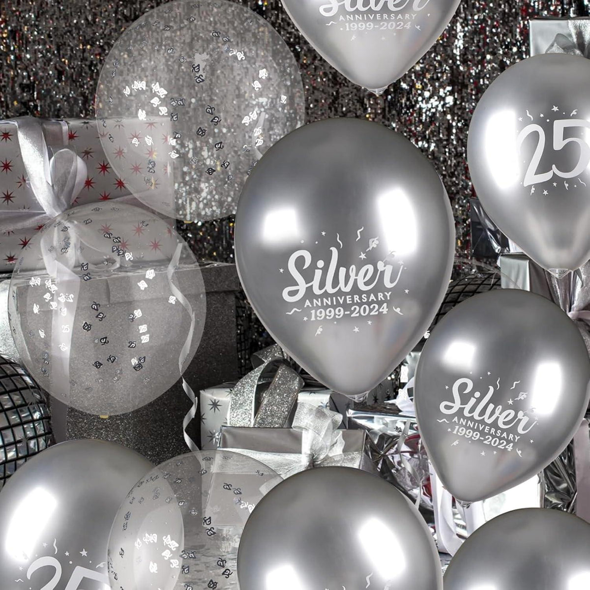 25 Stück Silberhochzeit Luftballons - Metallic & Konfetti Ballons
