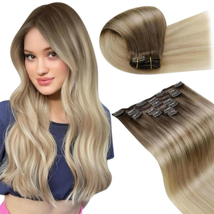 Clip-in Echthaar Extensions Ombre Blond bis Hellbraun 50cm