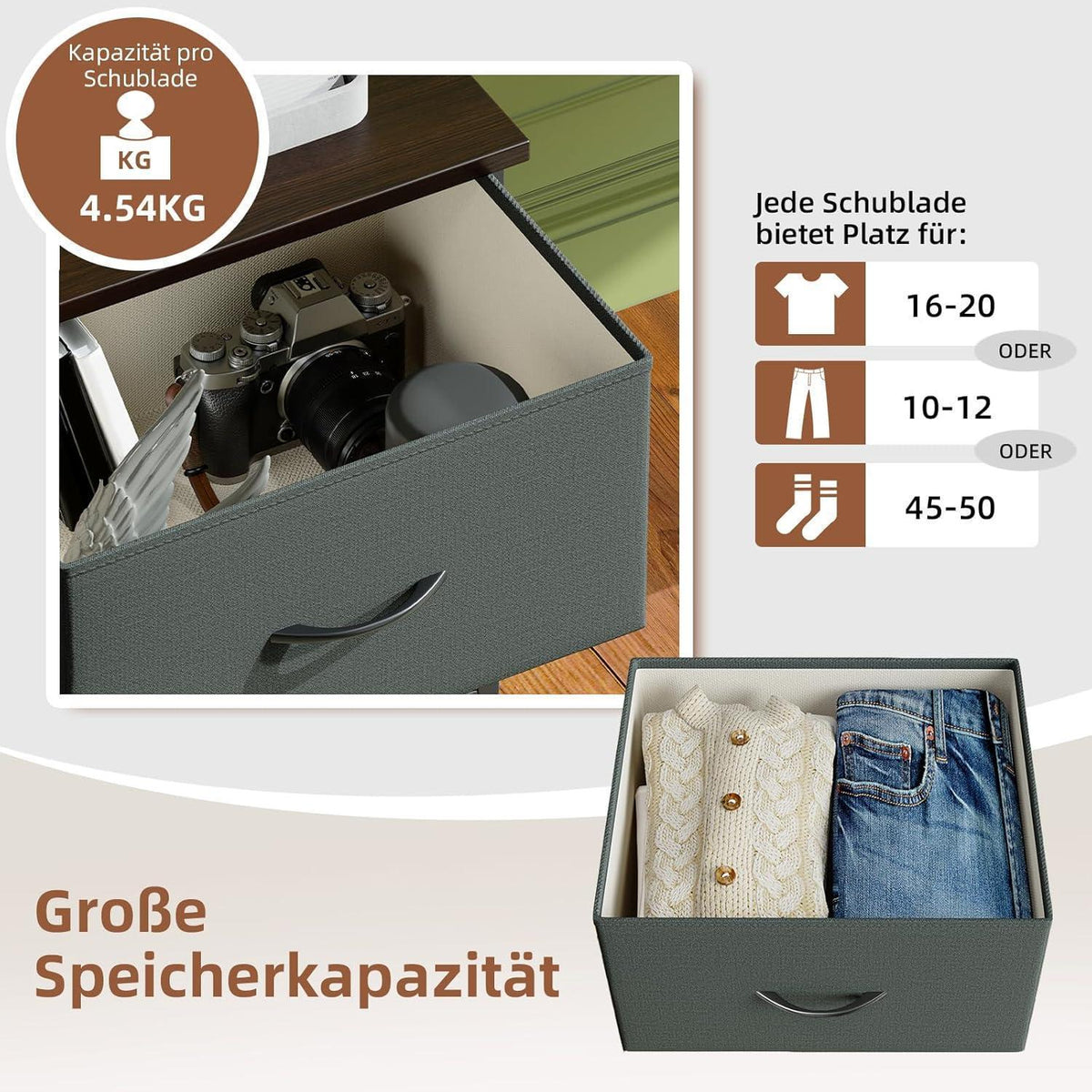 Somdot Kommode mit 6 Stoffschubladen – Grau, 115cm hoch