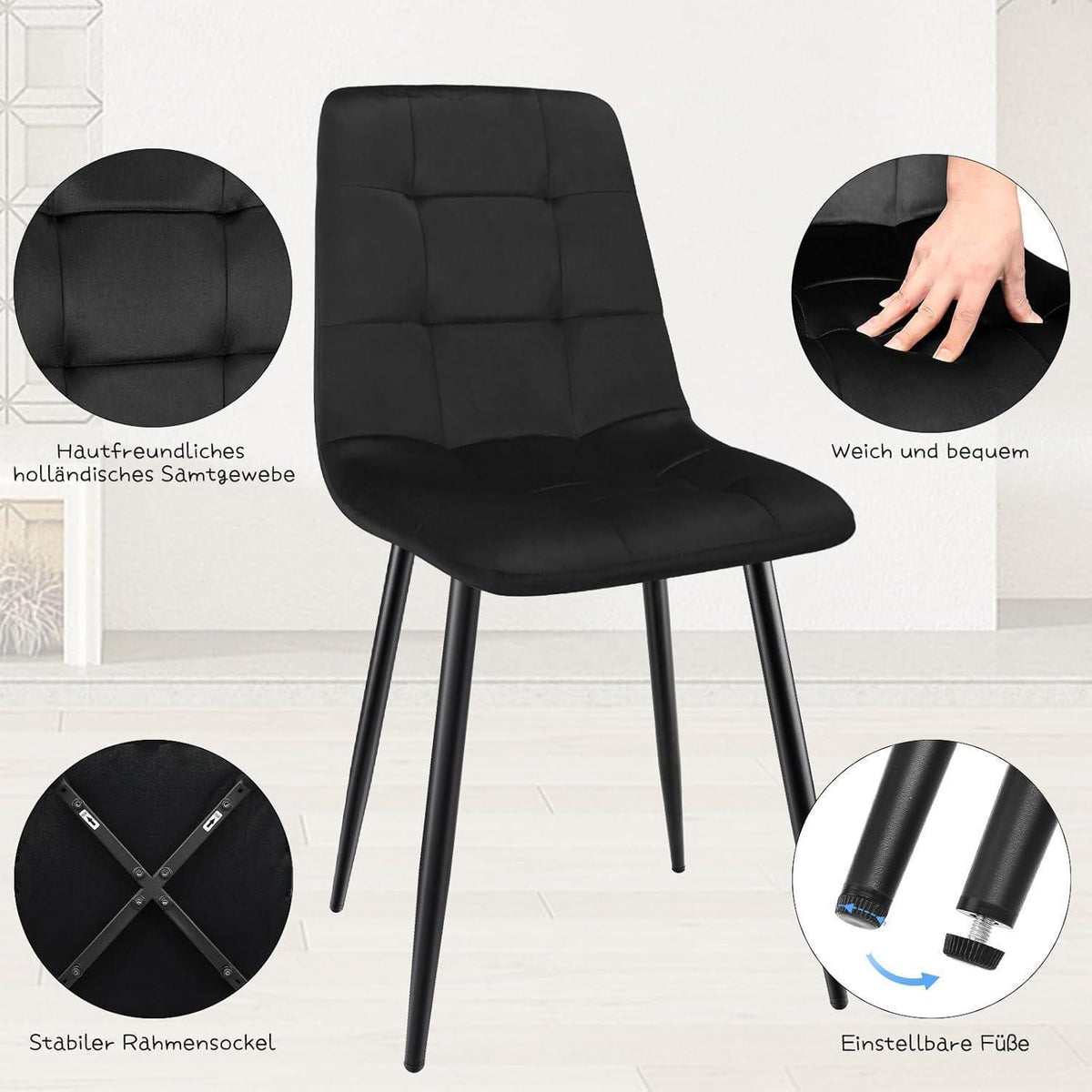8x Esszimmerstuhl mit Samtbezug & Metallfuß Schwarz