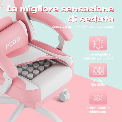 Rosa Gaming Stuhl mit Dekoration, verstellbarer Rückenlehne
