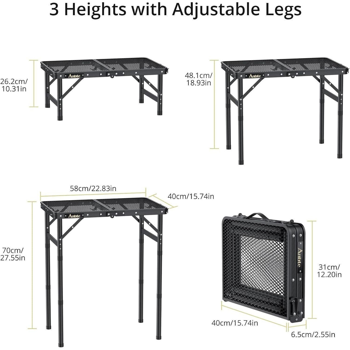 Aluminium Campingtisch mit 3 Höhen, 60x40cm, Schwarz