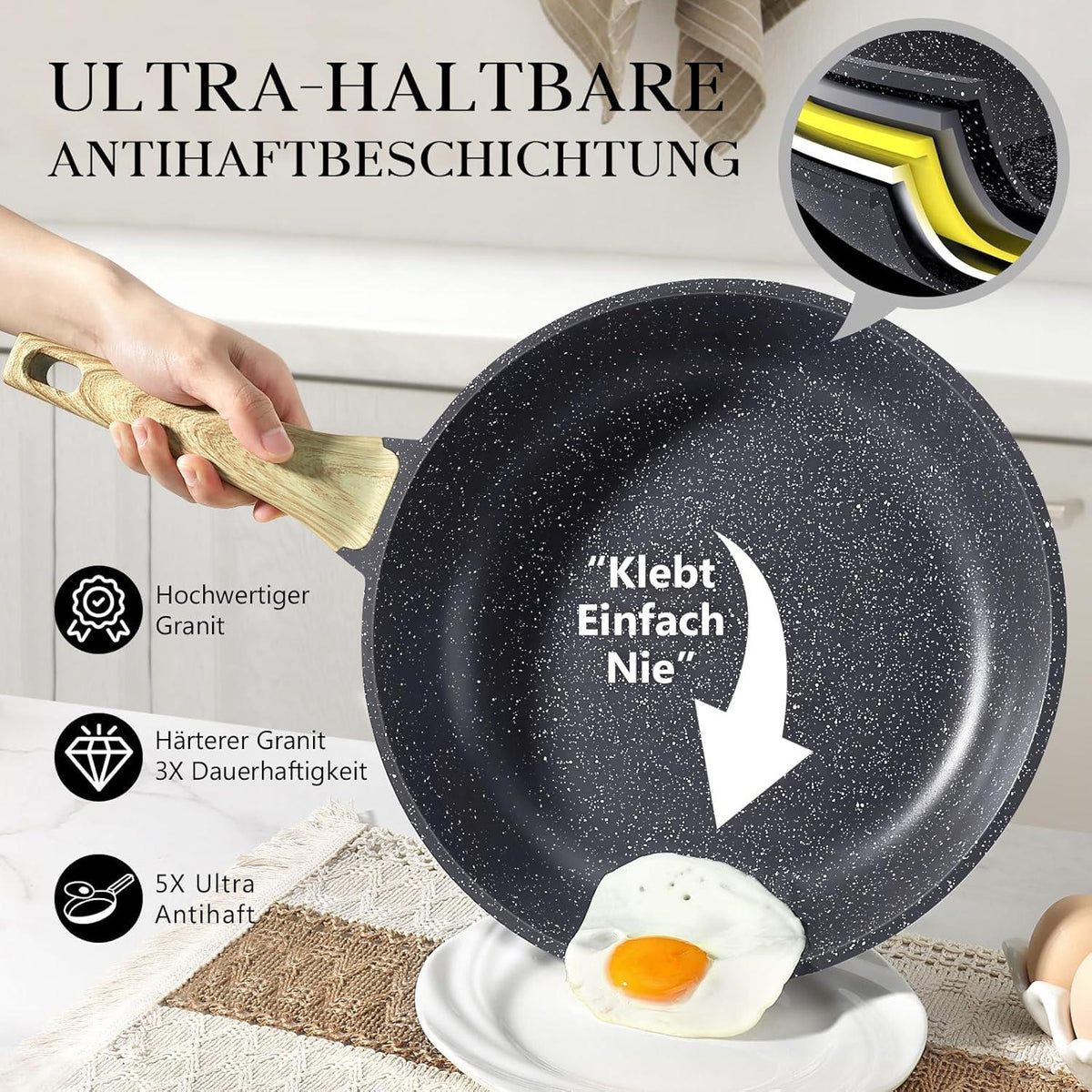 Antihaft Pfanne mit Deckel 28cm Granit beschichtet Induktion Grau