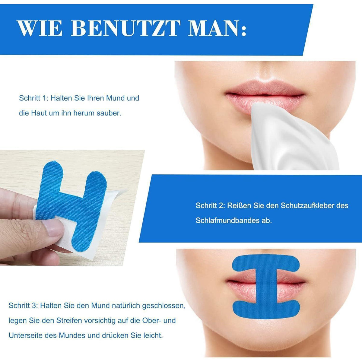 Mundpflaster gegen Schnarchen, H-Form, 60 Stück, Blau