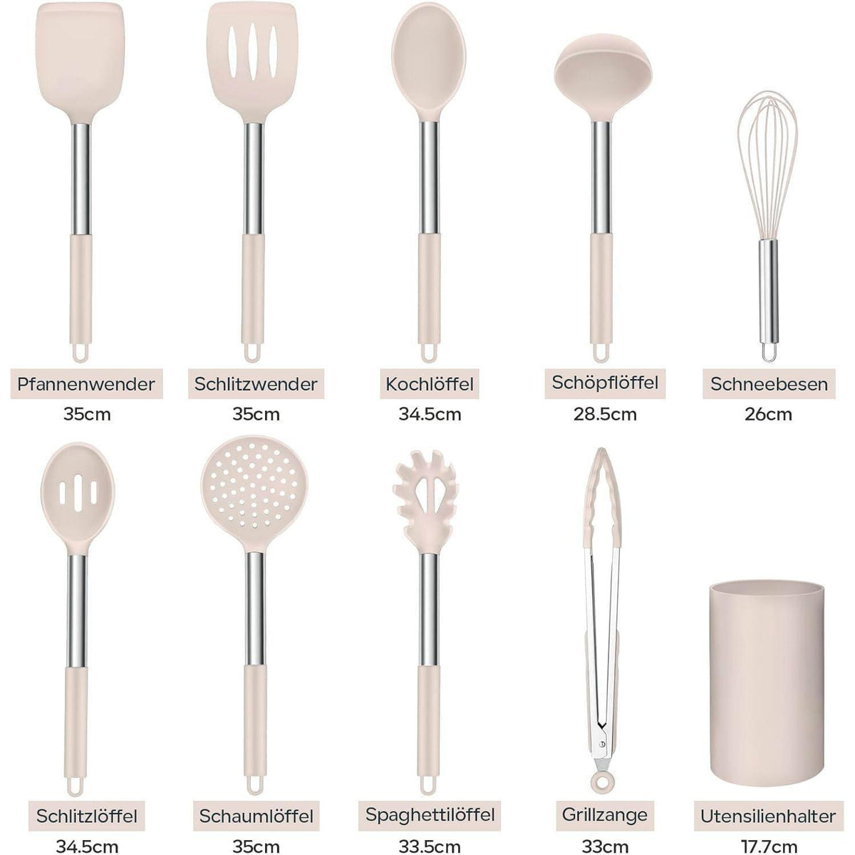 Küchenhelfer Set 10tlg. Silikon mit Edelstahlgriff Khaki