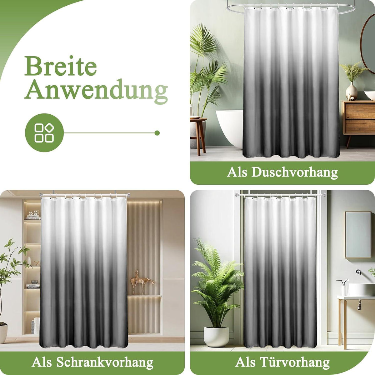 Duschvorhang 180x190cm Textil Grau wasserdicht mit beschwertem Saum