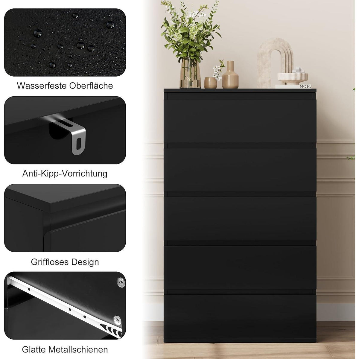Schwarze Kommode mit 5 Schubladen – 60x40x100cm