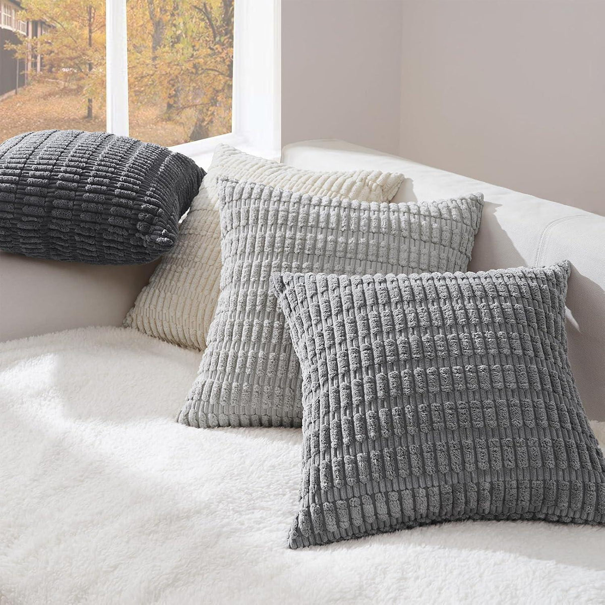 4er Set Kissenbezug 60x60 cm Grau Kordsamt Dekokissen flauschig