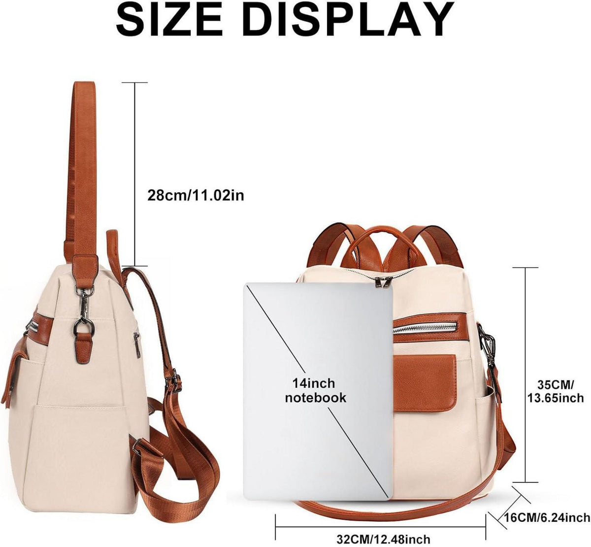 Leathario Damen Rucksack Lederrucksack Schwarz Beige