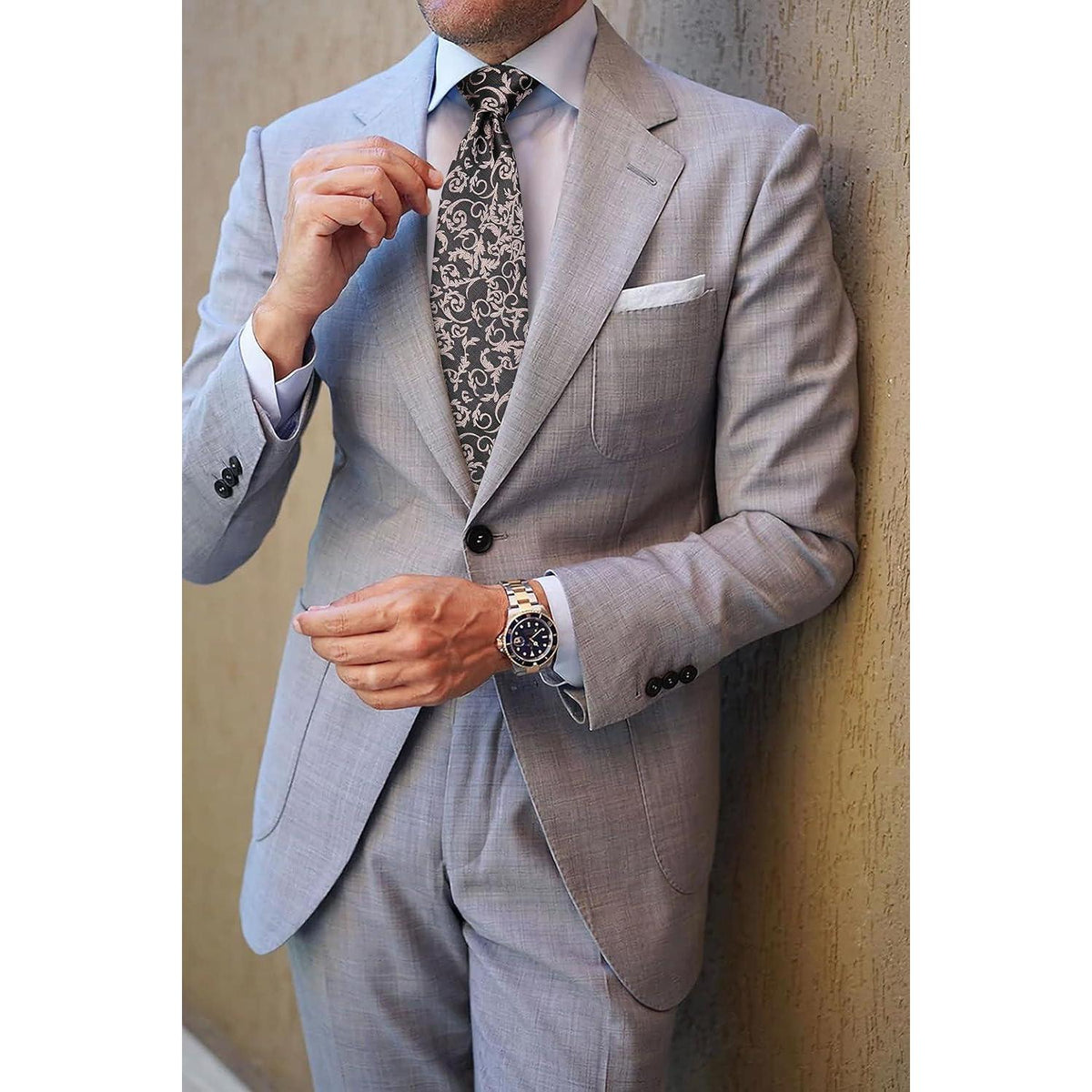 Herren Krawatte & Einstecktuch Set Grau Rosa Formell Hochzeit