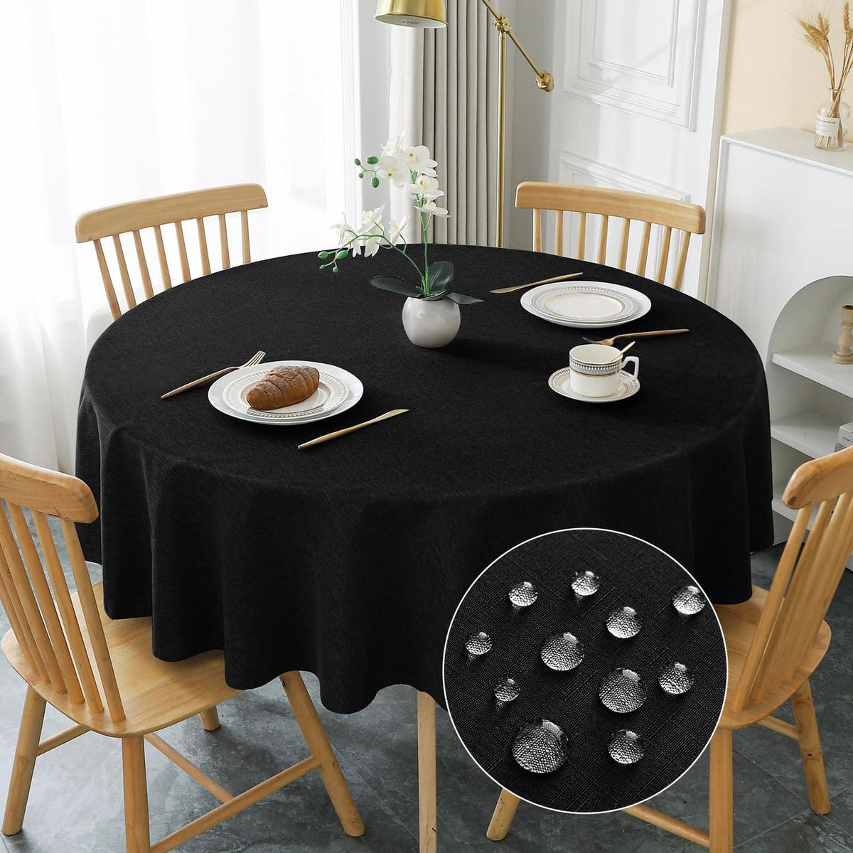 Runde Tischdecke Schwarz Leinenoptik 180cm – Abwaschbar & Kratzfest