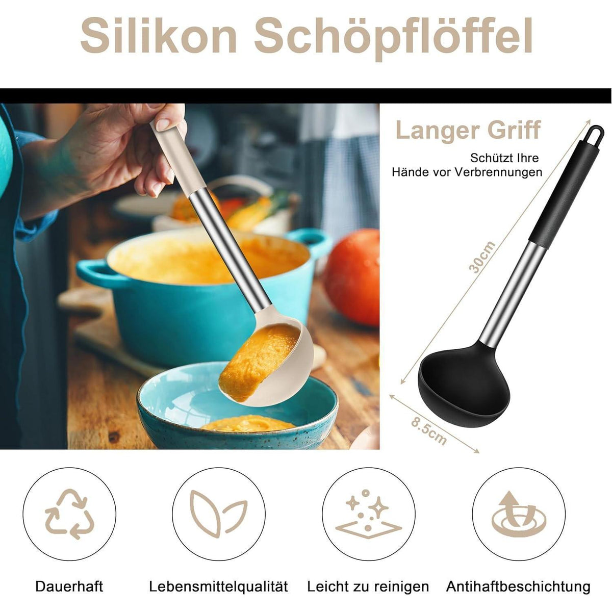 Silikon Suppenkelle 2er Set, Hitzebeständig, Edelstahlgriff, Schwarz & Khaki