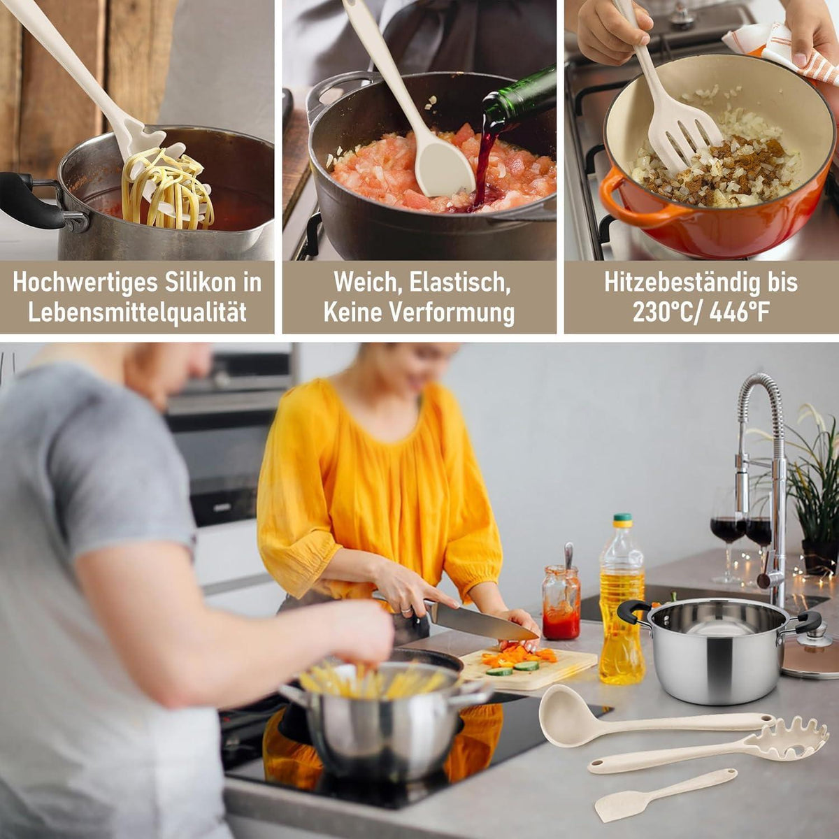 9-teiliges Silikon Küchenhelfer Set Khaki, Hitzebeständig & Antihaft