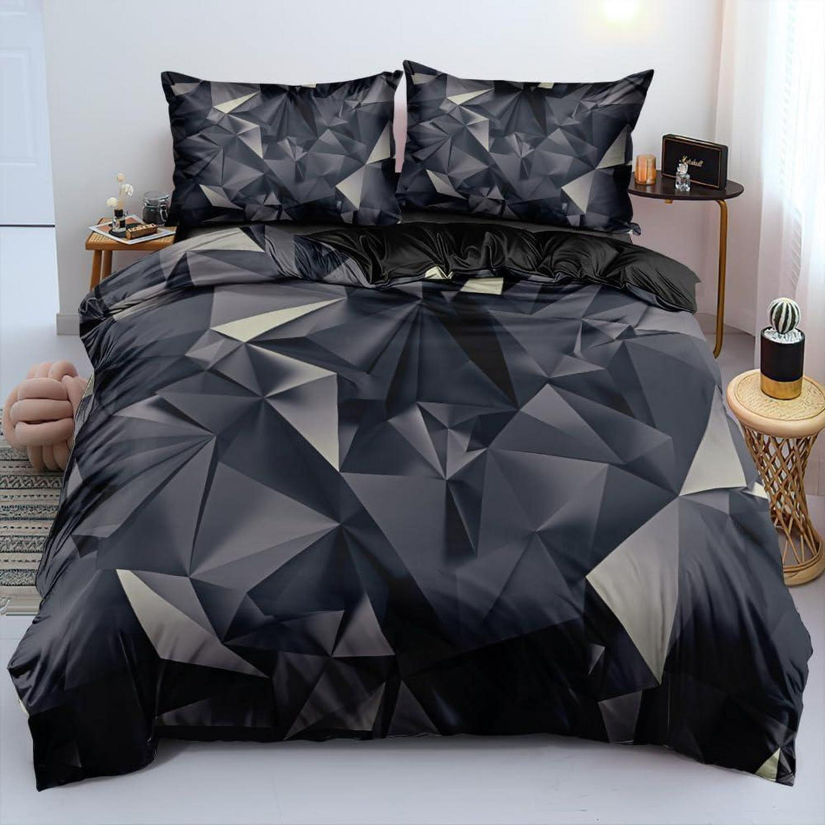 3D Geometrie Bettwäsche Set 135x200cm Grau Schwarz Mikrofaser
