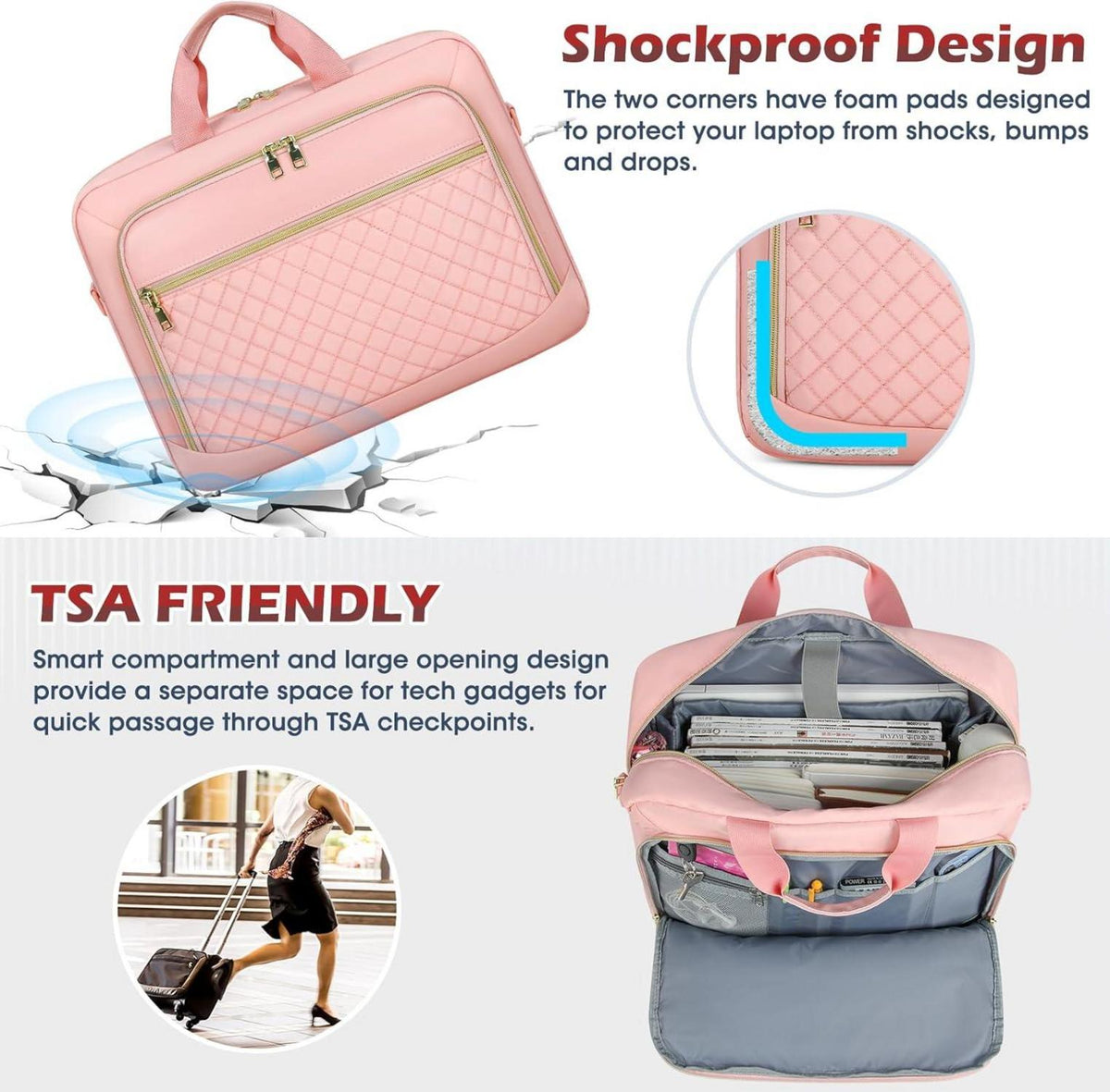 NEWHEY Laptoptasche 17,3 Zoll für Damen Business Notebook Tasche Wasserdichte Umhängetasche Rosa