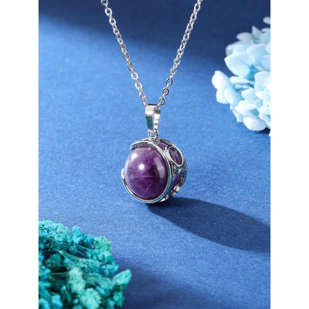 Schmuckstein Kette mit Kugelanhänger Amethyst/Rosenquarz/Bergkristall