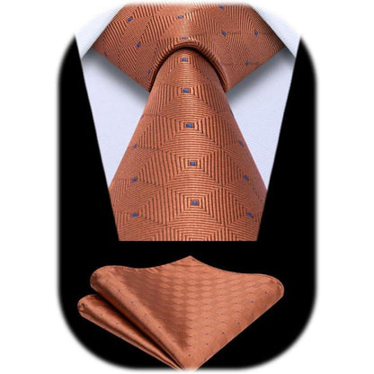 Herren Krawatten Set mit Einstecktuch, kariert, orange