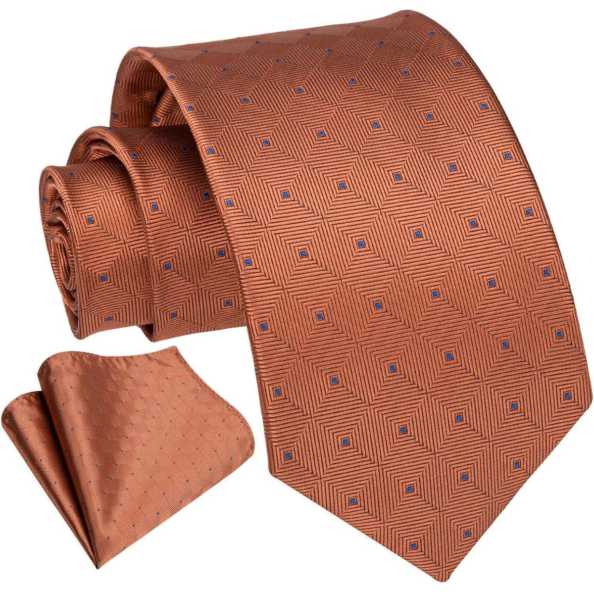 Herren Krawatten Set mit Einstecktuch, kariert, orange
