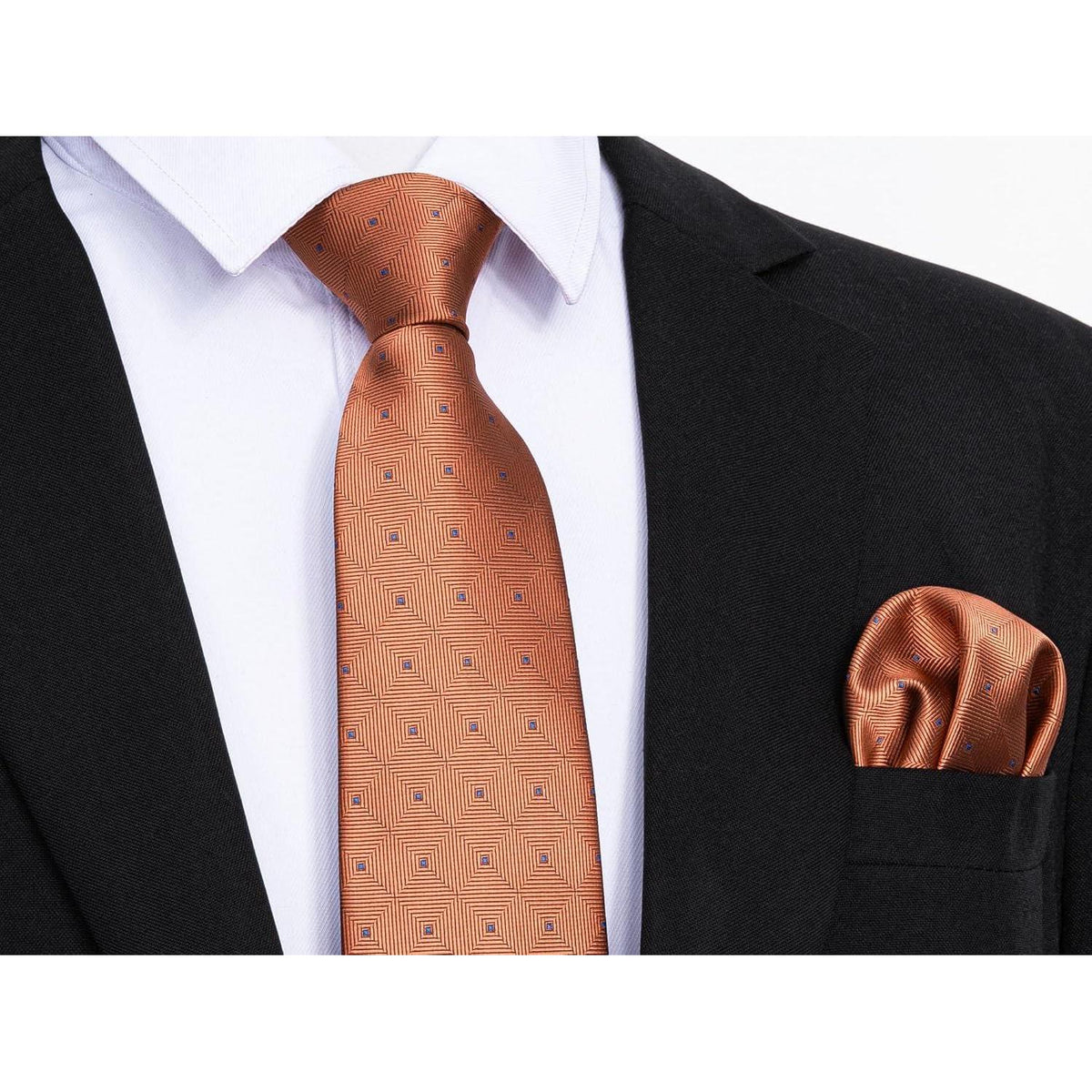 Herren Krawatten Set mit Einstecktuch, kariert, orange