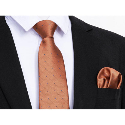 Herren Krawatten Set mit Einstecktuch, kariert, orange
