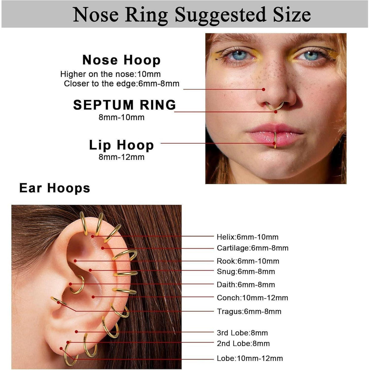 8er Set Nasenpiercing Ringe 16G/18G Chirurgenstahl Septum Clicker Gold Silber Schwarz