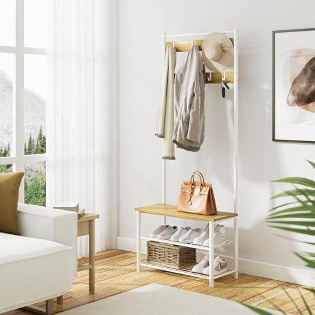 Holz Garderobenständer mit Sitzbank & Schuhregal Weiß