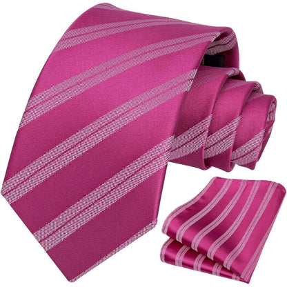 Herren Krawatten-Set mit Einstecktuch, Streifen, Heißes Rosa