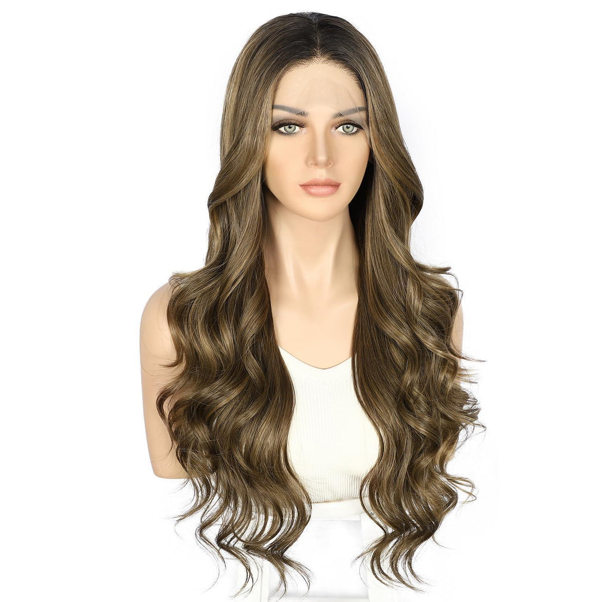 Synthetische Körperwelle Perücke Goldbraun Balayage 26 Zoll