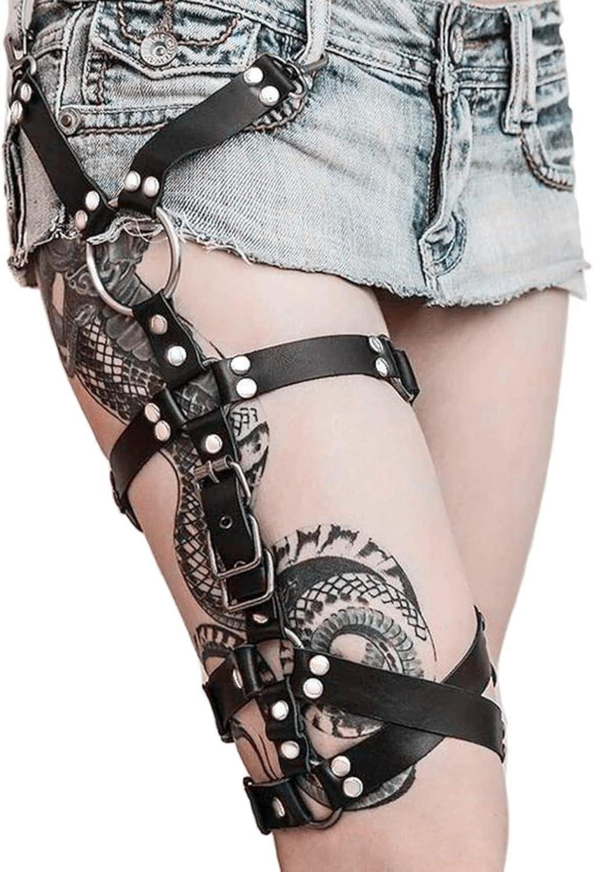Schwarzes Punk PU Leder Strumpfband Oberschenkel-Ring - Einstellbar