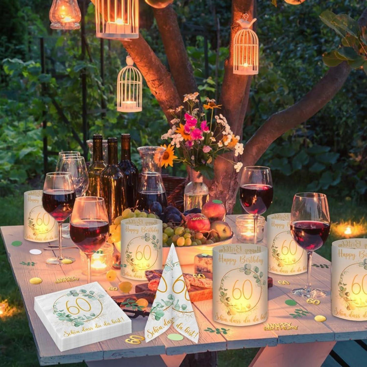 Deko Set 60. Geburtstag Servietten Windlichter Konfetti Grün Eukalyptus