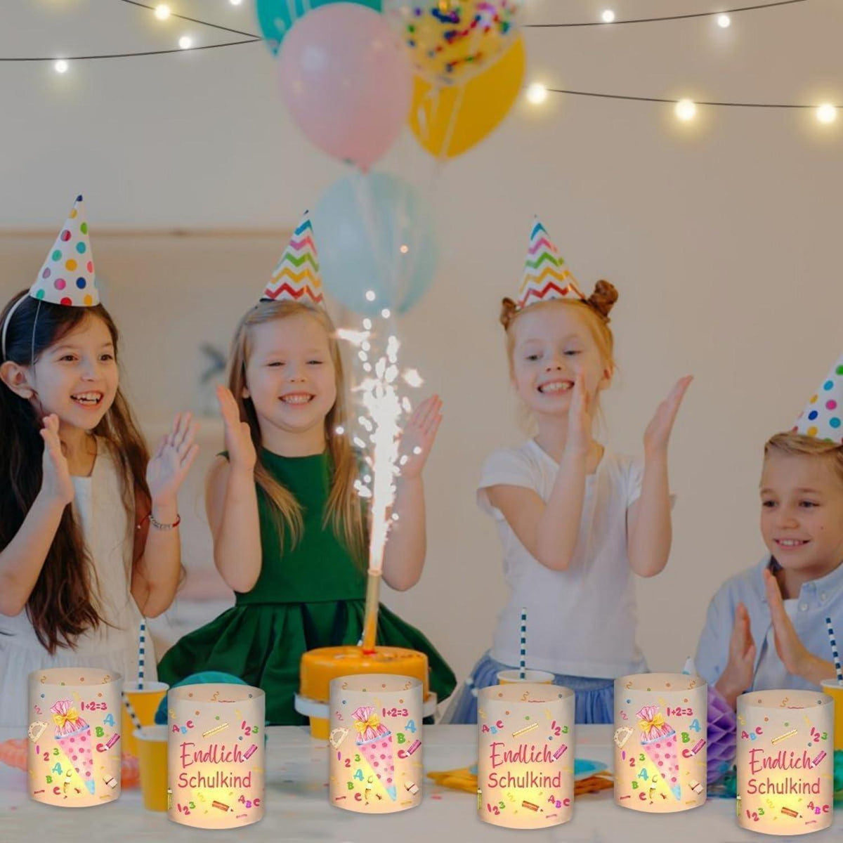 12 Windlichter Einschulung Mädchen "Endlich Schulkind 2025" Deko