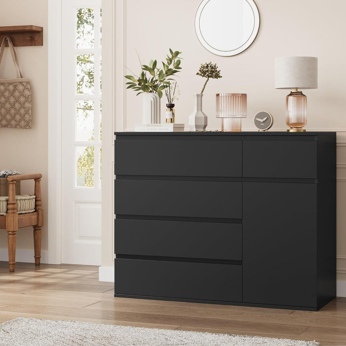 Kommode mit 5 Schubladen & Tür – 100cm Sideboard Schwarz