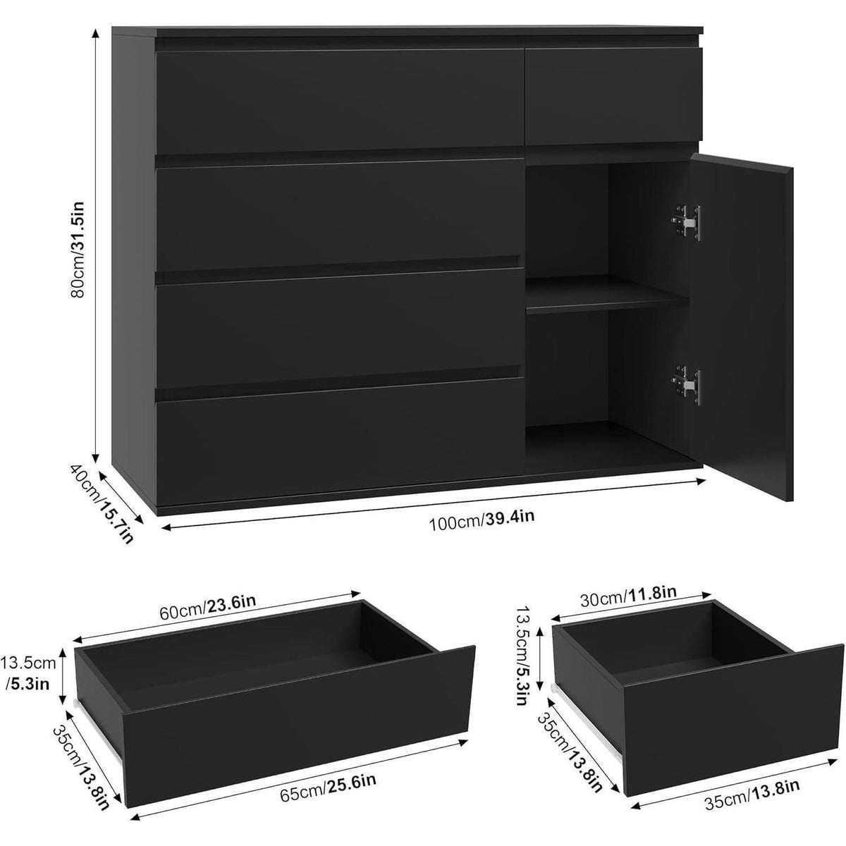 Kommode mit 5 Schubladen & Tür – 100cm Sideboard Schwarz