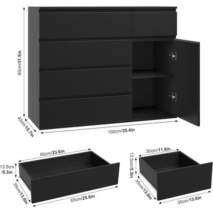 Kommode mit 5 Schubladen & Tür – 100cm Sideboard Schwarz