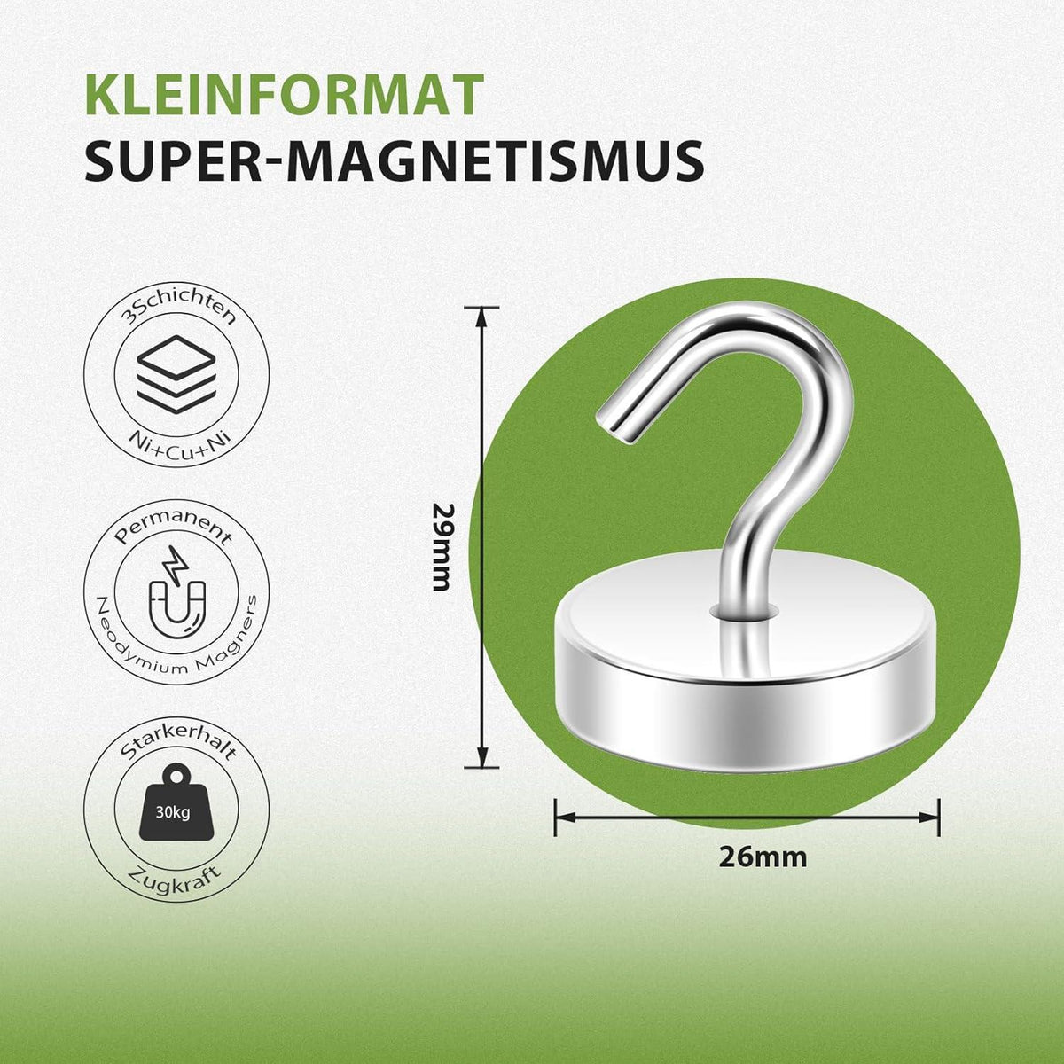 Extra Starker Magnethaken 30kg Silber für Werkstatt & Camping