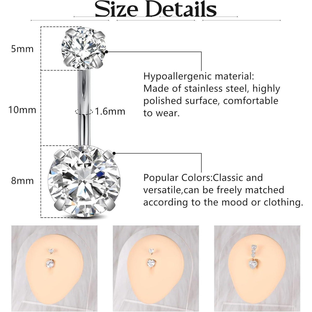 Bauchnabelpiercing 14G Chirurgenstahl Silber/Gold Herz/Rund CZ