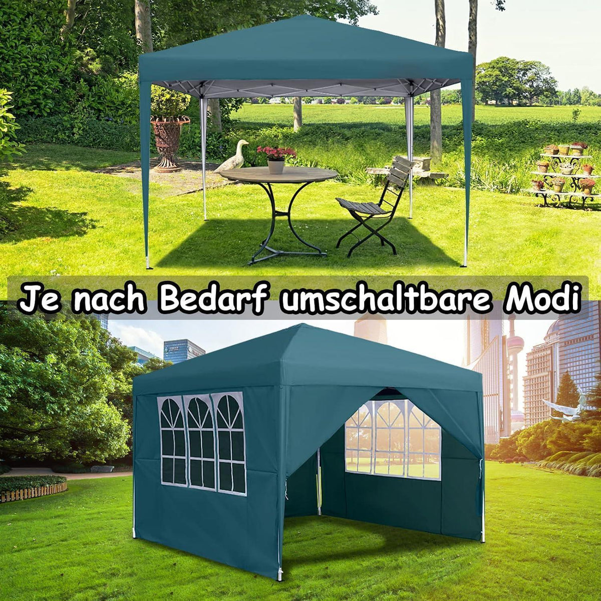 3x3m Faltpavillon mit Seitenteilen & Fenstern – Grün