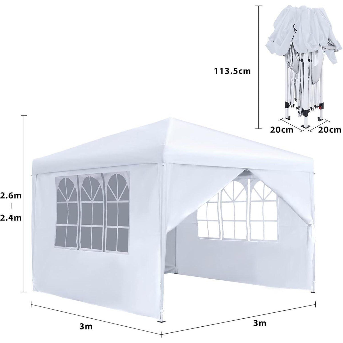 3x3m Faltpavillon mit Seitenteilen & Fenstern – Weiß