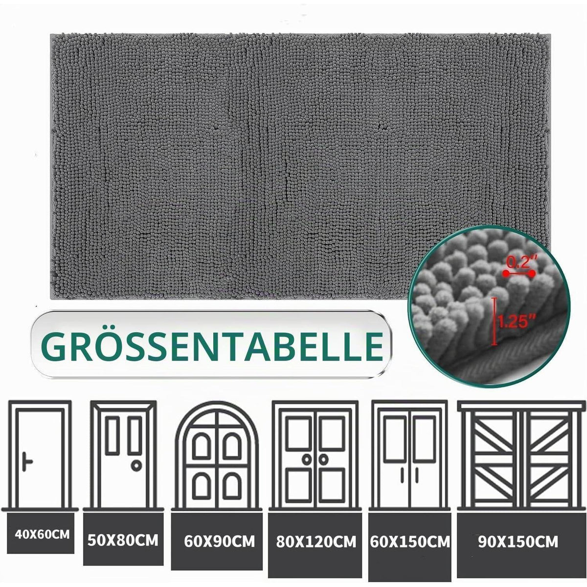 Saugfähige Chenille Fußmatte rutschfest 90x150cm Hellgrau