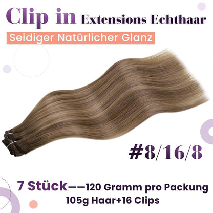 Echthaar Clip-in Extensions Braun Balayage Ombre 50cm