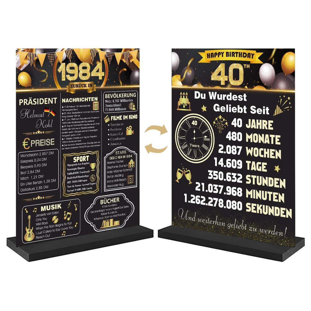 40. Geburtstag Deko 1984 Poster mit Acryl Tischzeichen & Holzständer