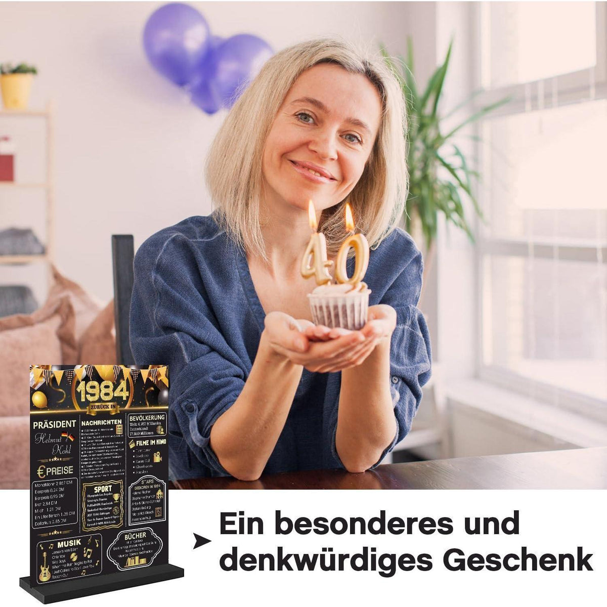 40. Geburtstag Deko 1984 Poster mit Acryl Tischzeichen & Holzständer